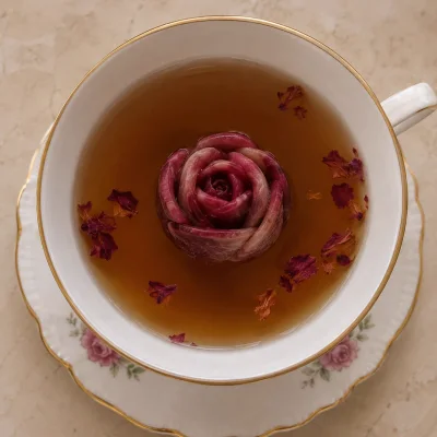 Cápsula de té de rosa en una taza